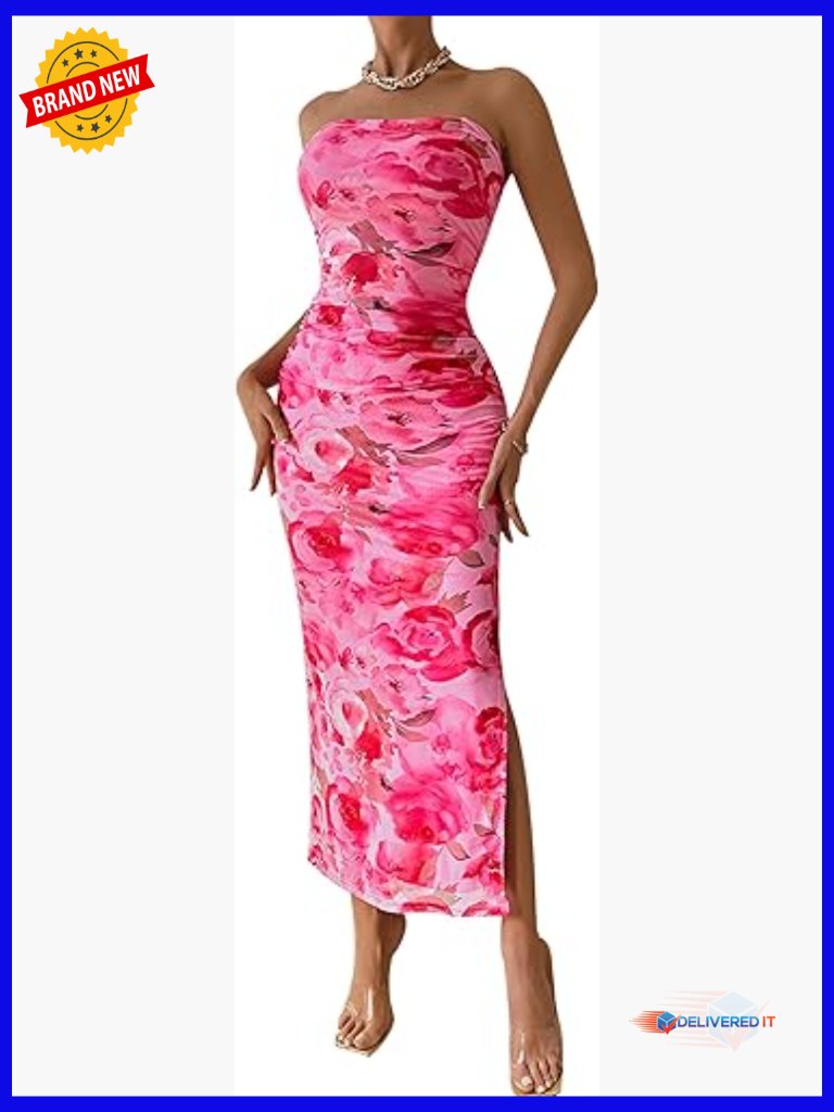 Strapless Tube Top Maxi Bodycon Dress With Slit Ruched Mesh
